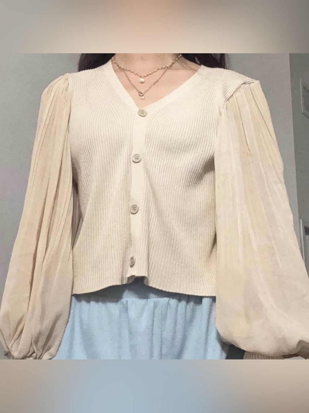 Cream Puff Sleeve V‑Neck Button Cardigan (Korean Fashion - Chuu)